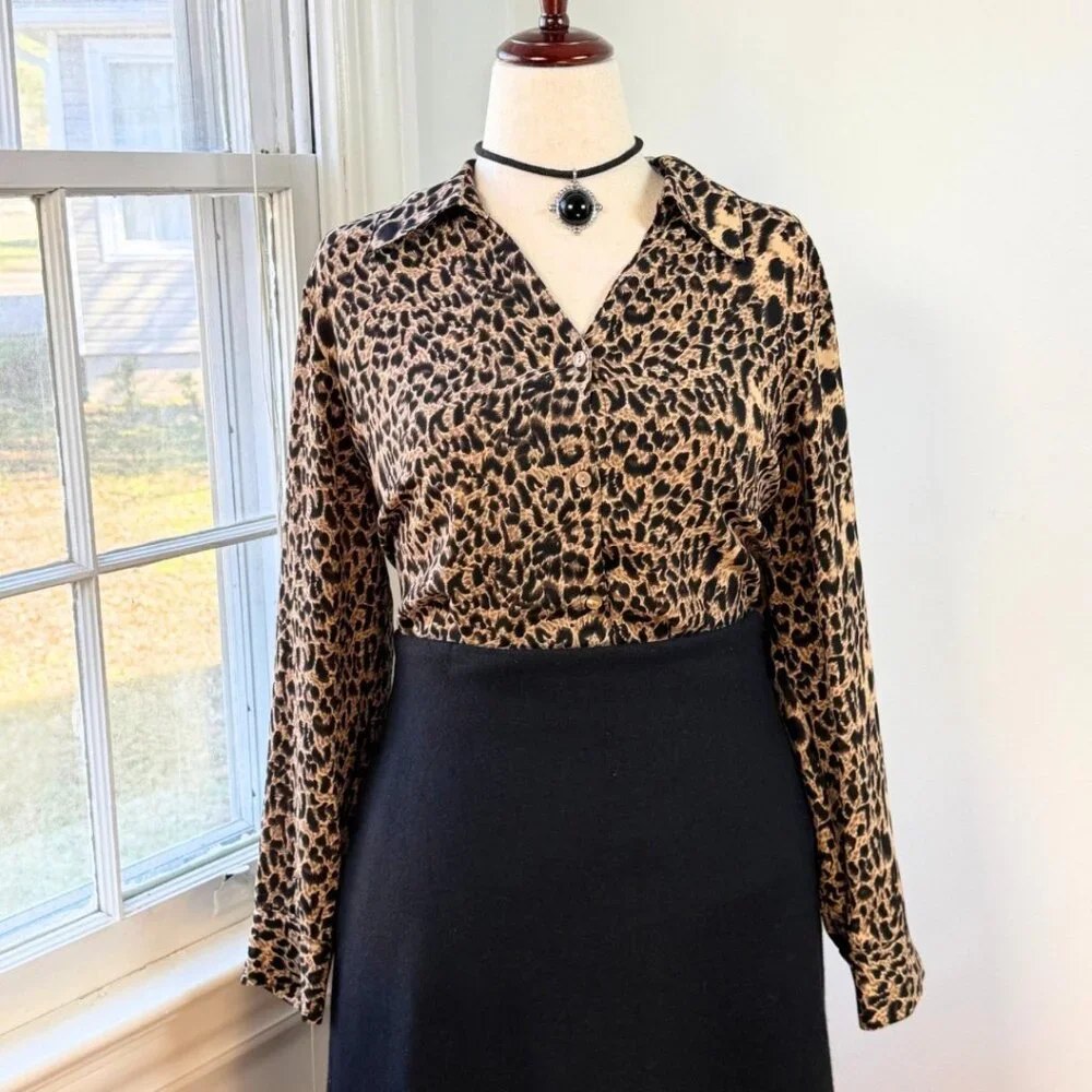 Leopard Print Collared Long Sleeve Button Up Shirt Plus Size 16W Mobwife Office - Picture 1 of 12